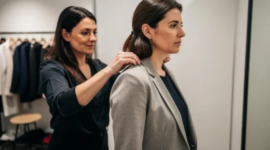 Une vendeuse ajuste la couture d'épaule d'un blazer structuré porté par une cliente dans une cabine d'essayage de boutique.