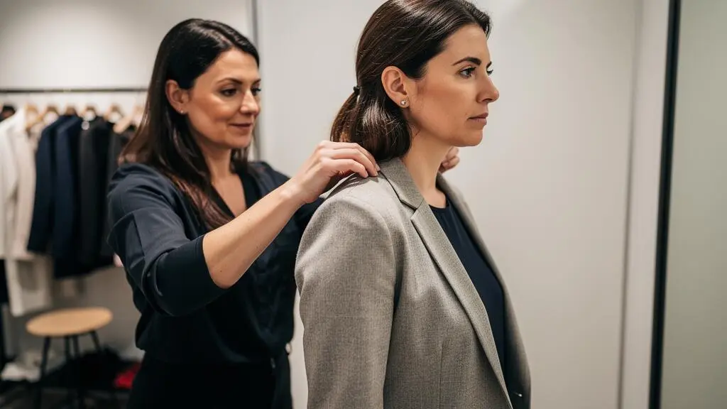 Une vendeuse ajuste la couture d'épaule d'un blazer structuré porté par une cliente dans une cabine d'essayage de boutique.