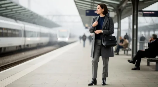 Une femme vêtue d'un manteau gris, d'un pantalon droit et de bottines en cuir attend sur un quai de gare suisse, ajustant la manche de son manteau.