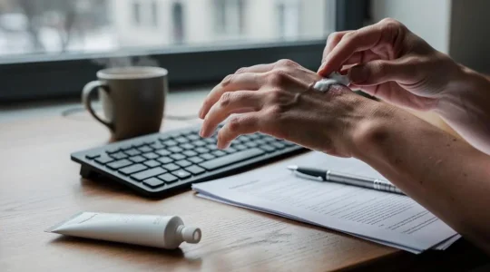 Mains d'une personne appliquant une noisette de crème sur le dos de la main à un bureau en hiver, tube sans marque posé près du clavier.