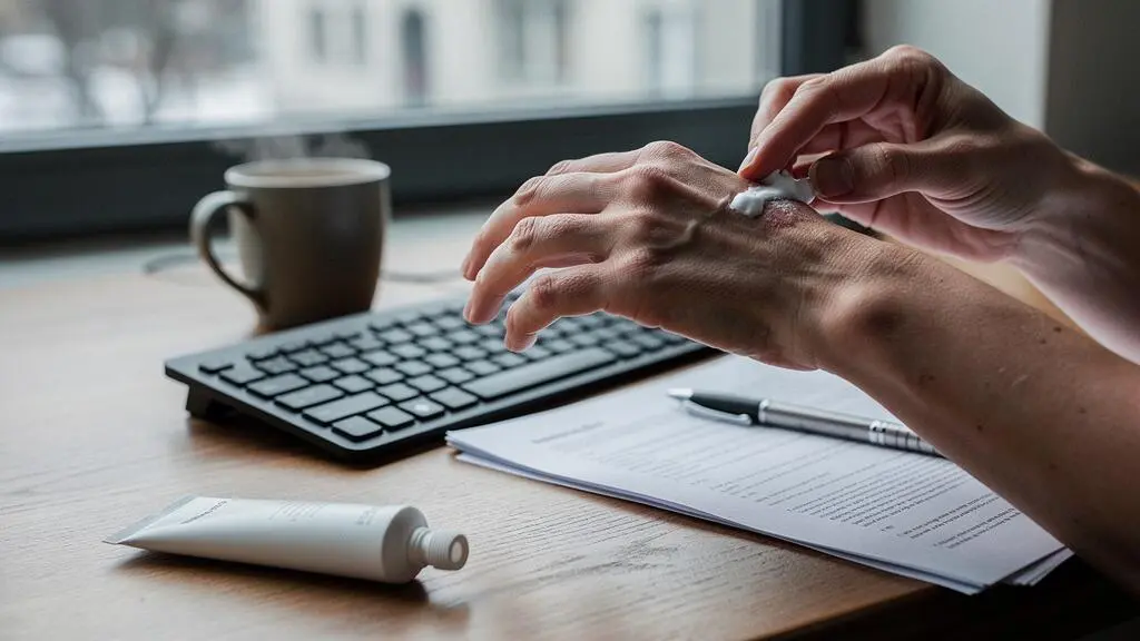 Mains d'une personne appliquant une noisette de crème sur le dos de la main à un bureau en hiver, tube sans marque posé près du clavier.