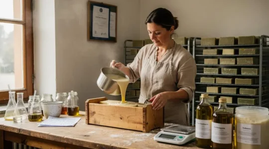 Une artisane verse du savon fraîchement fabriqué dans un moule en bois dans son atelier suisse, entourée de pain de savon en séchage et d'outils de fabrication.