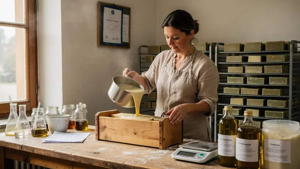 Une artisane verse du savon fraîchement fabriqué dans un moule en bois dans son atelier suisse, entourée de pain de savon en séchage et d'outils de fabrication.