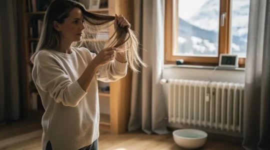 Une femme examine la sécheresse de ses longueurs capillaires dans un salon suisse chauffé en hiver, près d'un radiateur surmonté d'un bol d'eau et d'un hygromètre.