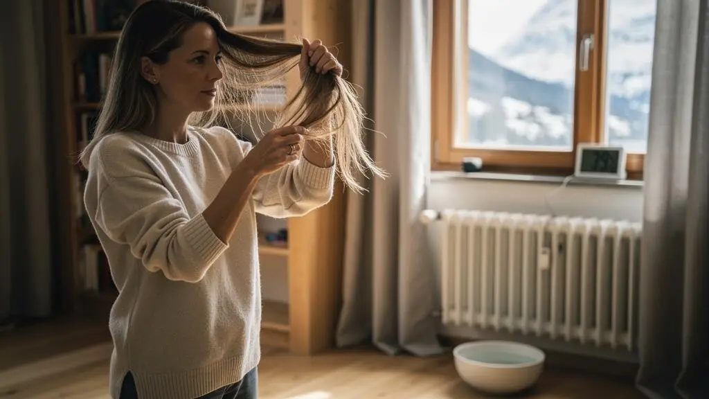 Une femme examine la sécheresse de ses longueurs capillaires dans un salon suisse chauffé en hiver, près d'un radiateur surmonté d'un bol d'eau et d'un hygromètre.