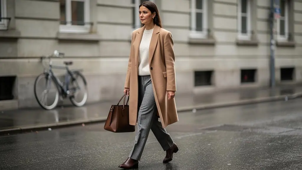 Une femme marche dans une rue suisse au style épuré, vêtue d'un manteau en laine camel, d'un pull crème et d'un pantalon gris ajusté, sous une lumière douce.