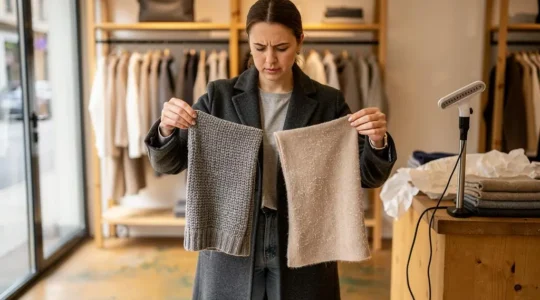 Une cliente compare deux vêtements en tissu recyclé dans une boutique, en palpant la densité et la résistance de chaque matière.