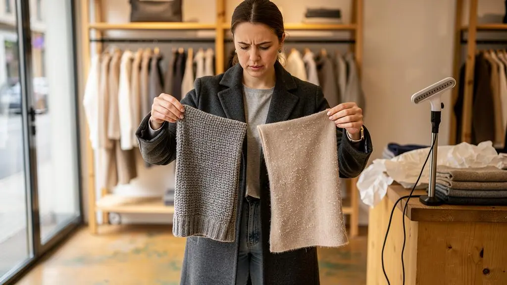 Une cliente compare deux vêtements en tissu recyclé dans une boutique, en palpant la densité et la résistance de chaque matière.