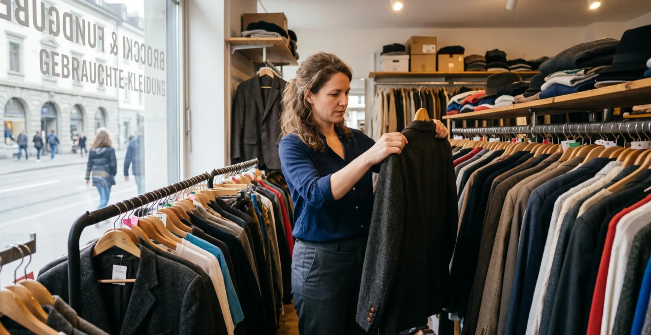 Une femme examine les coutures d'un blazer en laine d'occasion dans une friperie urbaine.
