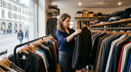 Une femme examine les coutures d'un blazer en laine d'occasion dans une friperie urbaine.