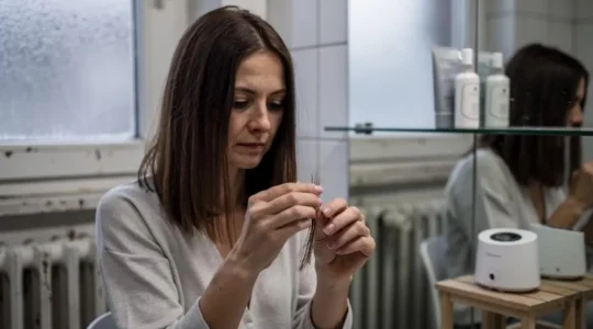 Une femme examine une mèche de cheveux ternes devant son miroir dans une salle de bains en hiver.