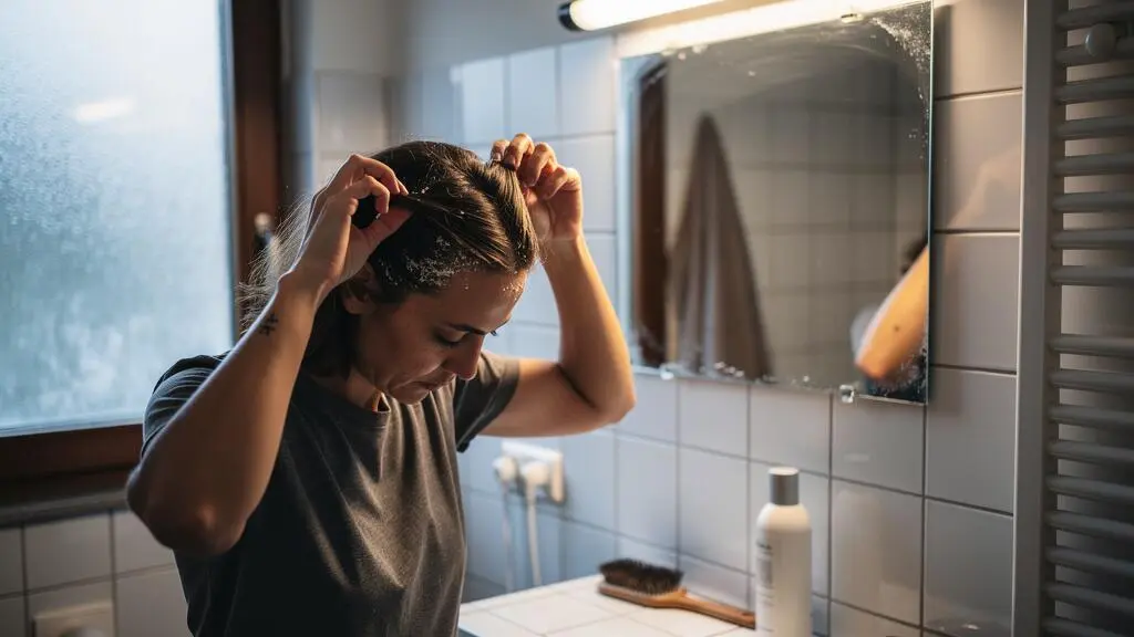 Une femme examine son cuir chevelu à la racine devant le miroir d'une salle de bains en hiver, une serviette et une brosse posées à côté.
