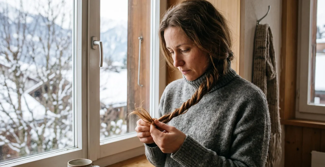 Une femme tord une mèche de cheveux entre ses doigts près d'une fenêtre en hiver pour examiner ses pointes fourchues.