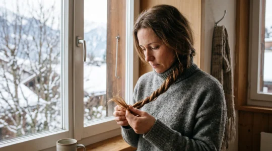 Une femme tord une mèche de cheveux entre ses doigts près d'une fenêtre en hiver pour examiner ses pointes fourchues.