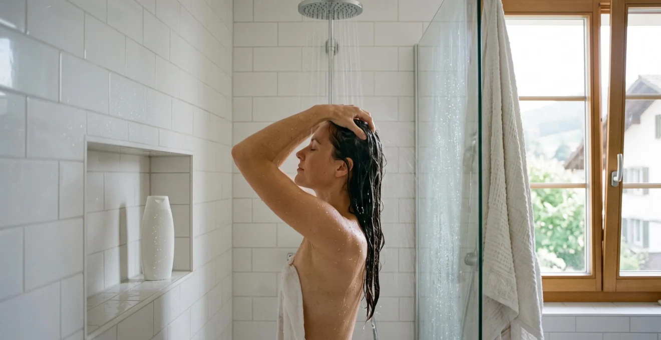 Une femme se lave les cheveux sous la douche en massant son cuir chevelu du bout des doigts dans une salle de bain lumineuse.