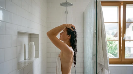 Une femme se lave les cheveux sous la douche en massant son cuir chevelu du bout des doigts dans une salle de bain lumineuse.