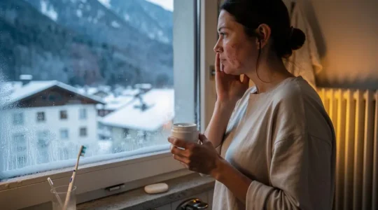 Une femme dans une salle de bain suisse en hiver examine sa peau sèche près d'une fenêtre givrée, un pot de crème en main, avec un radiateur chauffant à côté.