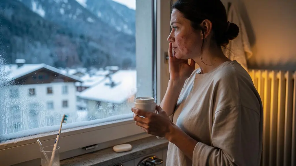 Une femme dans une salle de bain suisse en hiver examine sa peau sèche près d'une fenêtre givrée, un pot de crème en main, avec un radiateur chauffant à côté.
