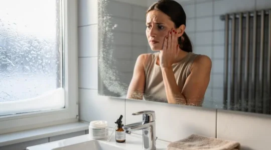 Une femme touche sa joue devant un miroir de salle de bain en hiver, avec un pot de crème hydratante ouvert sur le lavabo et un radiateur visible près de la fenêtre.