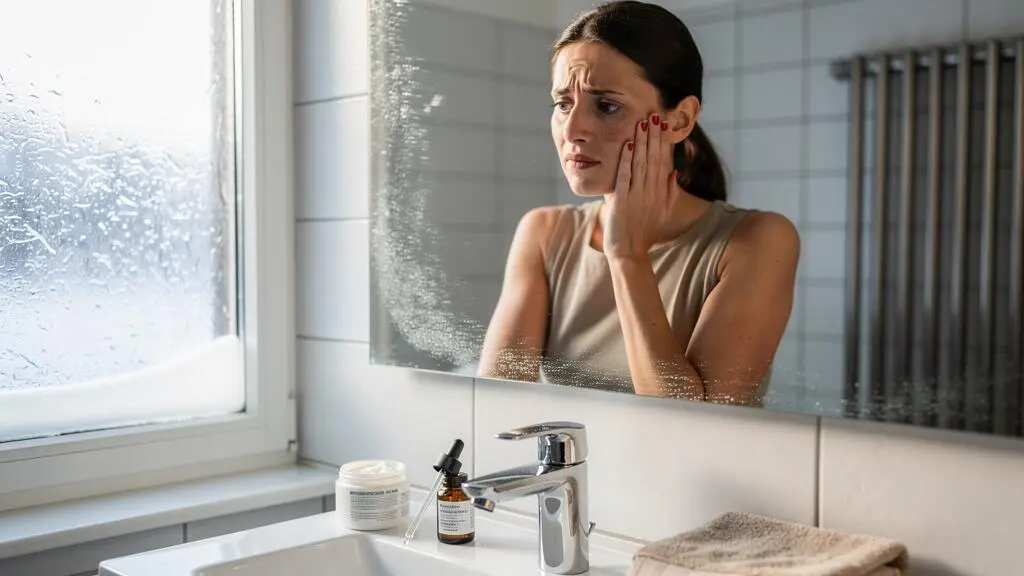 Une femme touche sa joue devant un miroir de salle de bain en hiver, avec un pot de crème hydratante ouvert sur le lavabo et un radiateur visible près de la fenêtre.