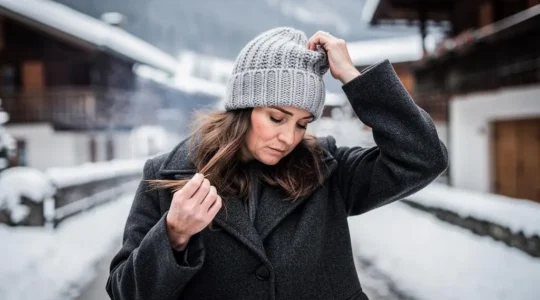 Une femme retire son bonnet en laine dans une rue enneigée de village alpin et inspecte ses longueurs aplaties et frisées par les frottements de l'hiver.