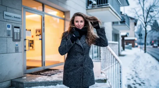 Une femme sort d'un immeuble chauffé dans une rue suisse enneigée en plein hiver, ses cheveux frisottent au contact de l'air froid.