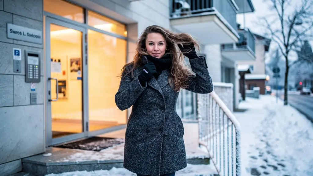Une femme sort d'un immeuble chauffé dans une rue suisse enneigée en plein hiver, ses cheveux frisottent au contact de l'air froid.