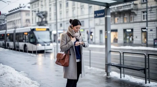 Une femme en manteau et chignon bas attend le tram dans une rue suisse en hiver, sac structuré à l'épaule.