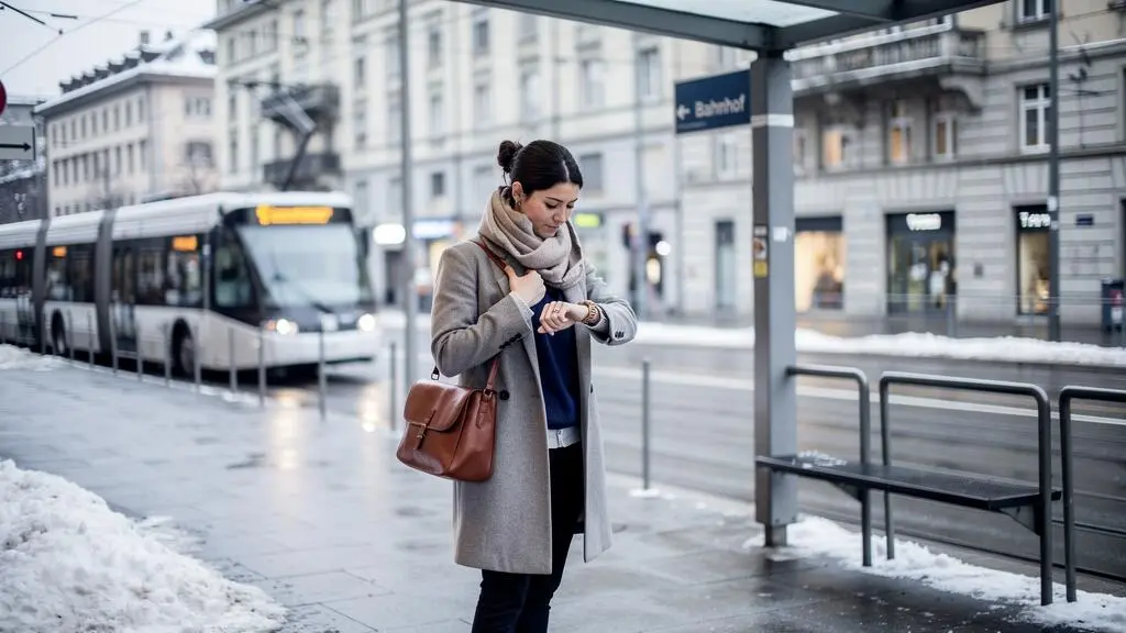 Une femme en manteau et chignon bas attend le tram dans une rue suisse en hiver, sac structuré à l'épaule.