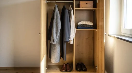 Armoire compacte d'un appartement suisse contenant une sélection limitée de vêtements bien entretenus et une boîte de rangement en hauteur.