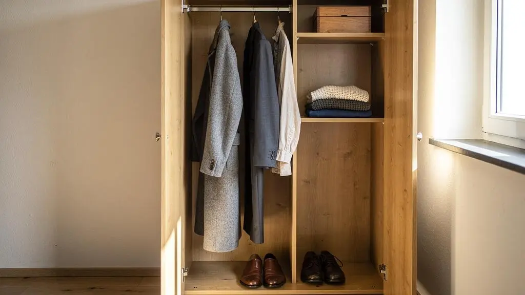 Armoire compacte d'un appartement suisse contenant une sélection limitée de vêtements bien entretenus et une boîte de rangement en hauteur.