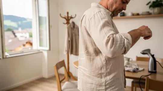 Un homme lisse la manche de sa chemise en lin naturellement froissée près d'une fenêtre ouverte dans un appartement suisse au lever du jour.