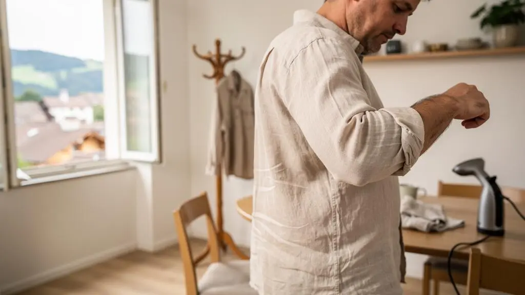 Un homme lisse la manche de sa chemise en lin naturellement froissée près d'une fenêtre ouverte dans un appartement suisse au lever du jour.