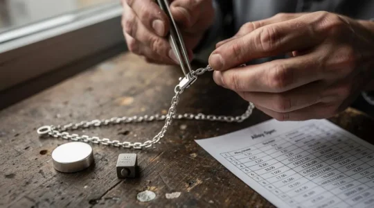 Un joaillier examine un bracelet fin en argent avec une loupe sur son établi, entouré d'outils de contrôle.