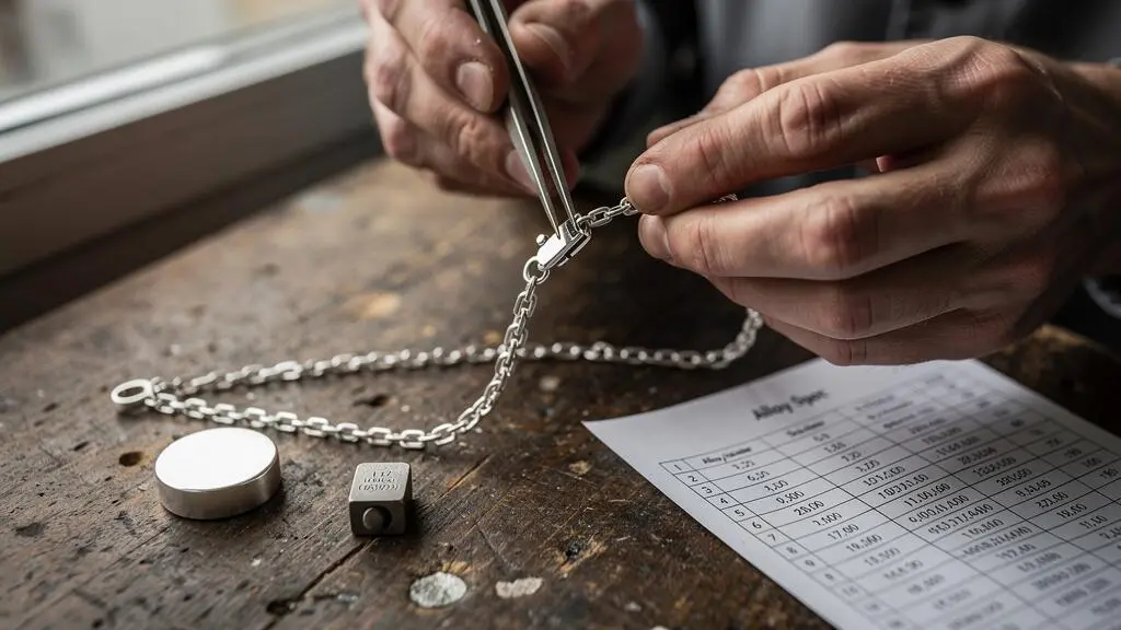 Un joaillier examine un bracelet fin en argent avec une loupe sur son établi, entouré d'outils de contrôle.