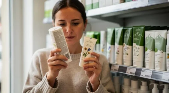 Une femme lit attentivement la liste d'ingrédients au dos d'un flacon de cosmétique dans le rayon beauté d'une pharmacie en Suisse.