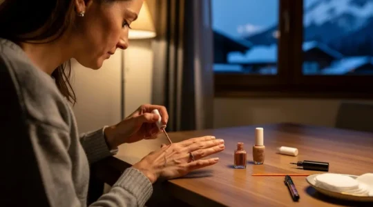 Une femme applique du vernis à ongles sur ses ongles le soir, à une table en bois de son appartement.