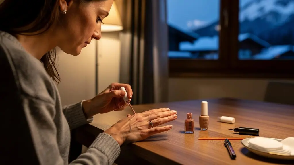 Une femme applique du vernis à ongles sur ses ongles le soir, à une table en bois de son appartement.