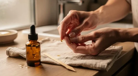 Une femme masse de l'huile sur le contour de son ongle avec un flacon compte-gouttes et un bâtonnet posés sur une table en bois.