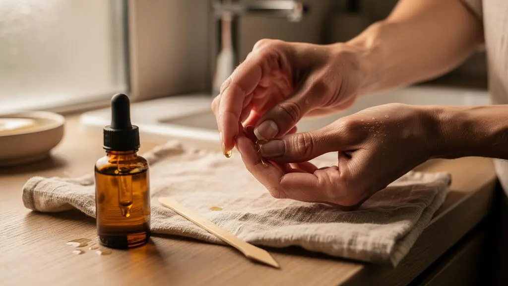 Une femme masse de l'huile sur le contour de son ongle avec un flacon compte-gouttes et un bâtonnet posés sur une table en bois.