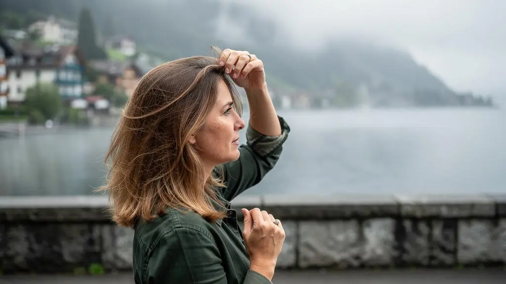 Une femme avec des cheveux fins ondulés se tient sur une promenade au bord d'un lac en Suisse et soulève une mèche à la racine sous une lumière humide du matin.