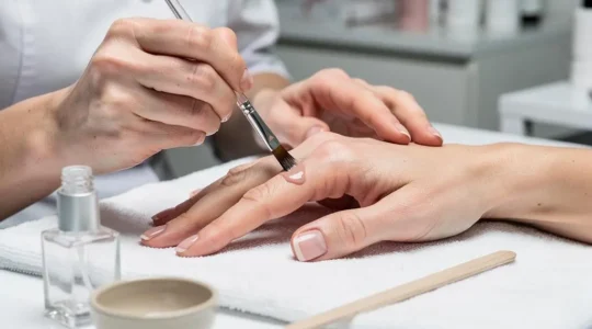 Une prothésiste onglère applique une fine couche de vernis sur l'ongle d'une cliente dans un salon lumineux en hiver.