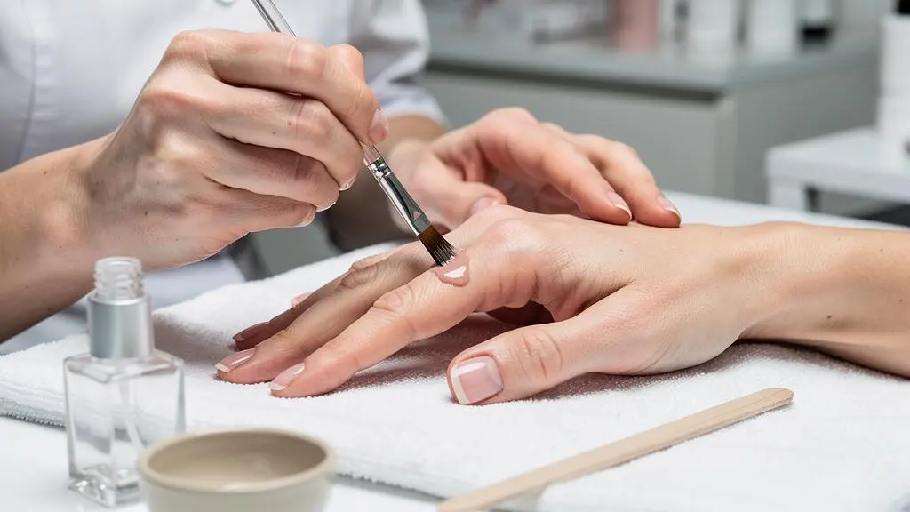 Une prothésiste onglère applique une fine couche de vernis sur l'ongle d'une cliente dans un salon lumineux en hiver.