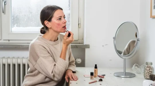 Une femme applique discrètement une teinte de rouge à lèvres devant son miroir dans une salle de bains lumineuse en hiver, avec un maquillage minimal posé sur la table.