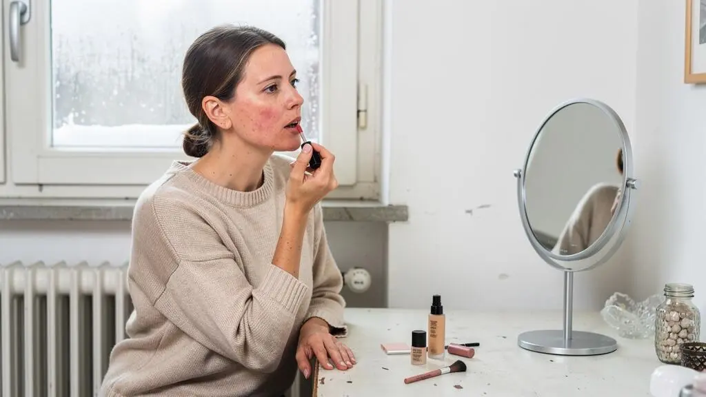 Une femme applique discrètement une teinte de rouge à lèvres devant son miroir dans une salle de bains lumineuse en hiver, avec un maquillage minimal posé sur la table.