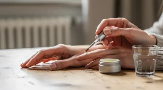 Mains d'une femme posées sur une table en bois près d'un flacon d'huile de cuticules, les stries longitudinales des ongles visibles sous la lumière naturelle d'un intérieur en hiver.