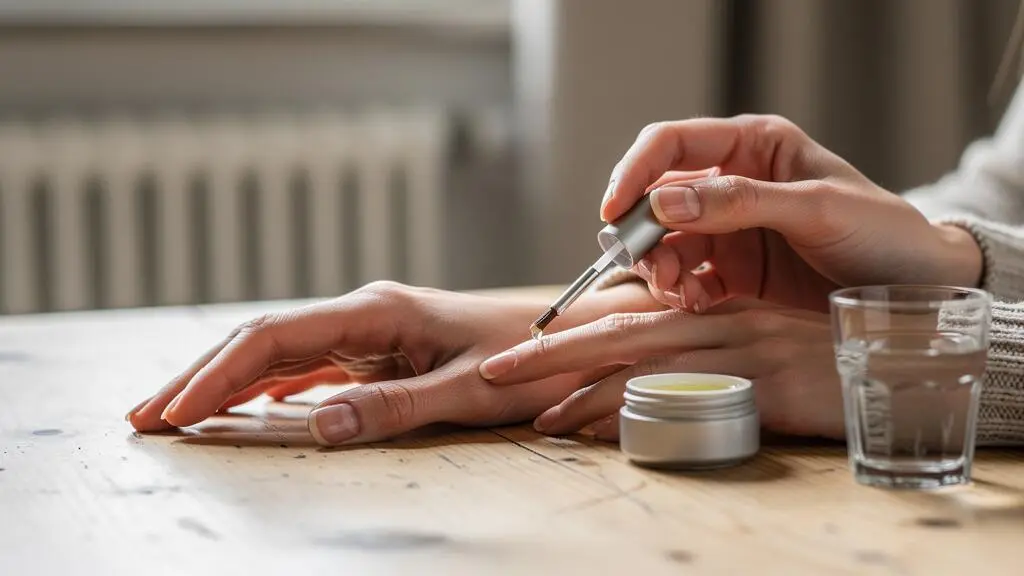 Mains d'une femme posées sur une table en bois près d'un flacon d'huile de cuticules, les stries longitudinales des ongles visibles sous la lumière naturelle d'un intérieur en hiver.