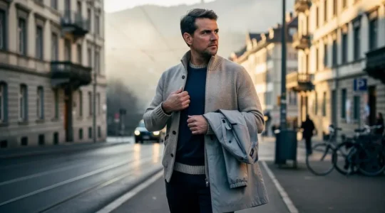 Un homme en tenue superposée se prépare à retirer sa veste légère dans une rue suisse au petit matin.
