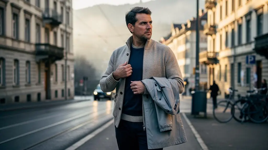 Un homme en tenue superposée se prépare à retirer sa veste légère dans une rue suisse au petit matin.
