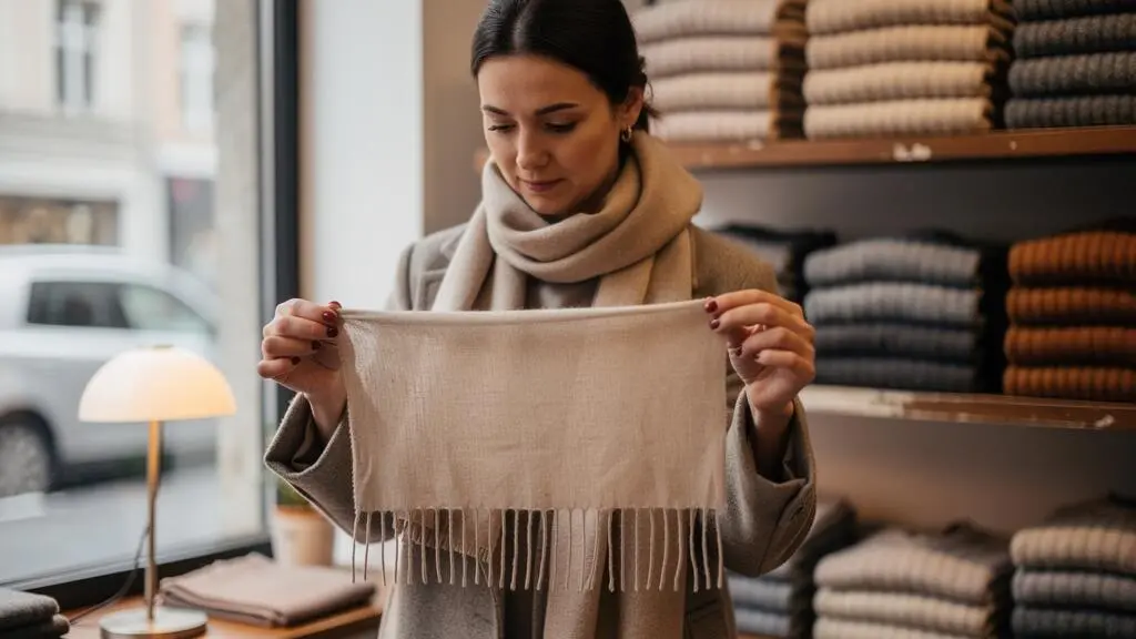 Une femme examine un tissage de cachemire en tendant une écharpe devant une lampe dans une boutique de laine.